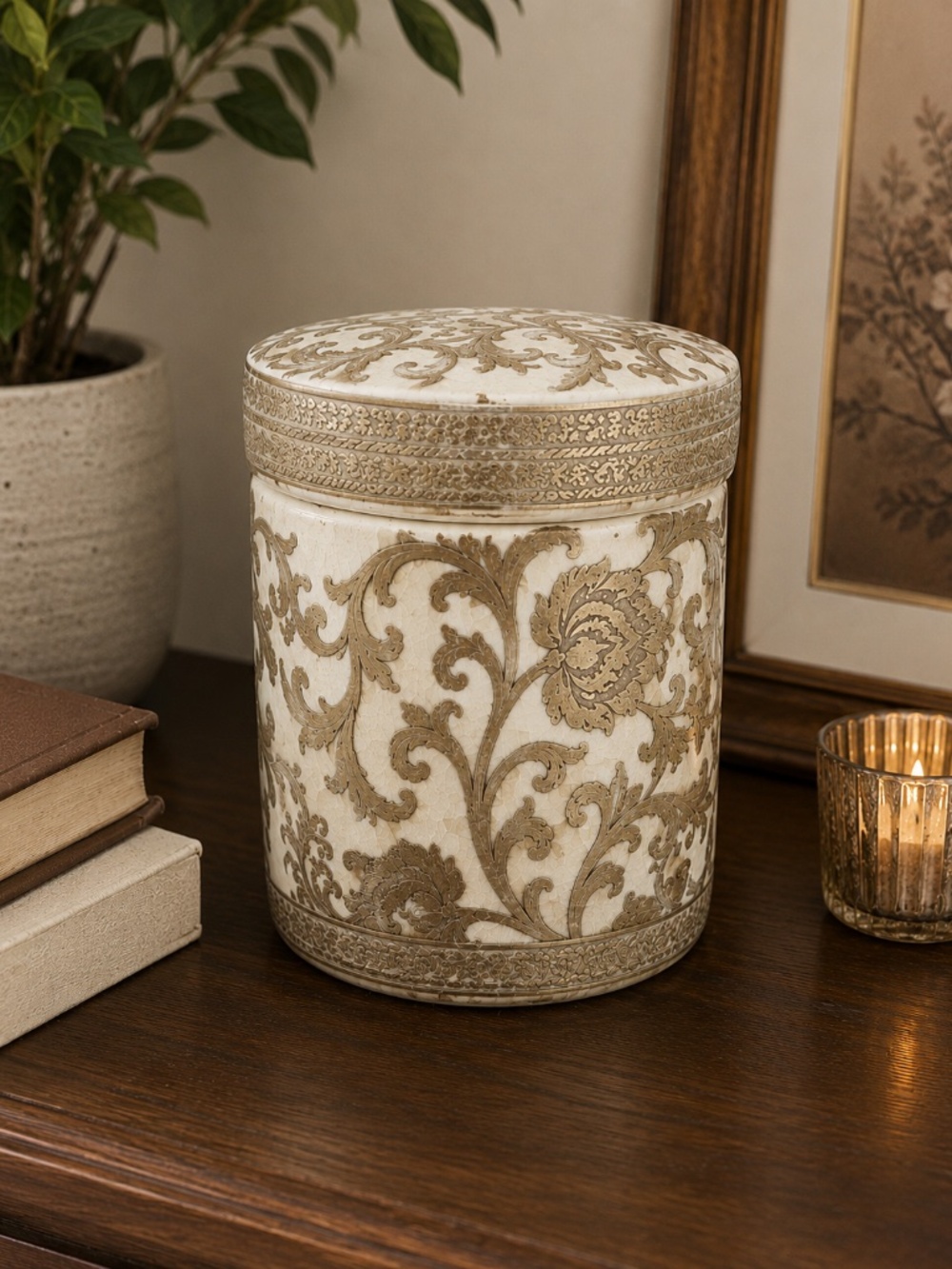 Vintage Ornate Porcelain Ginger Jar Trinket Box Canister Ivory Gold Scroll Decor